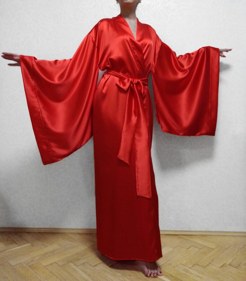 Red Kimono Dressing Gown Silk Kimono Robe Long Satin Robe Etsy