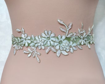 Lace bridal belt leaf flower, Flower Girl Sash, sage wedding belt, , floral sash belt, gold lace belt for wedding dress, leaf bridal sash