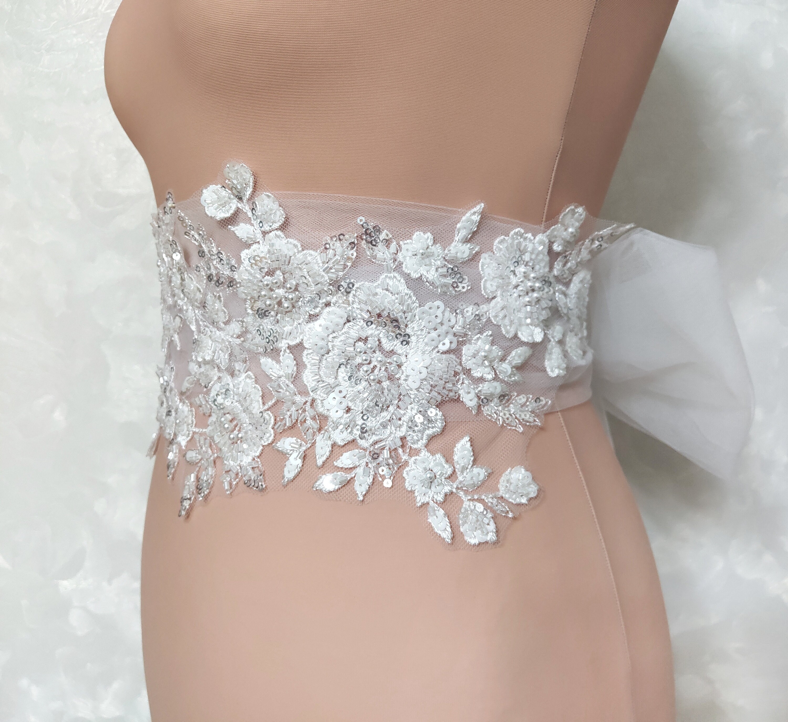Ivory Lace Wedding Dress Belt: Beaded Flower Sash with Tulle Bow Ivory Lace Wedding Dress Belt: Beaded Flower Sash with Tulle Bow