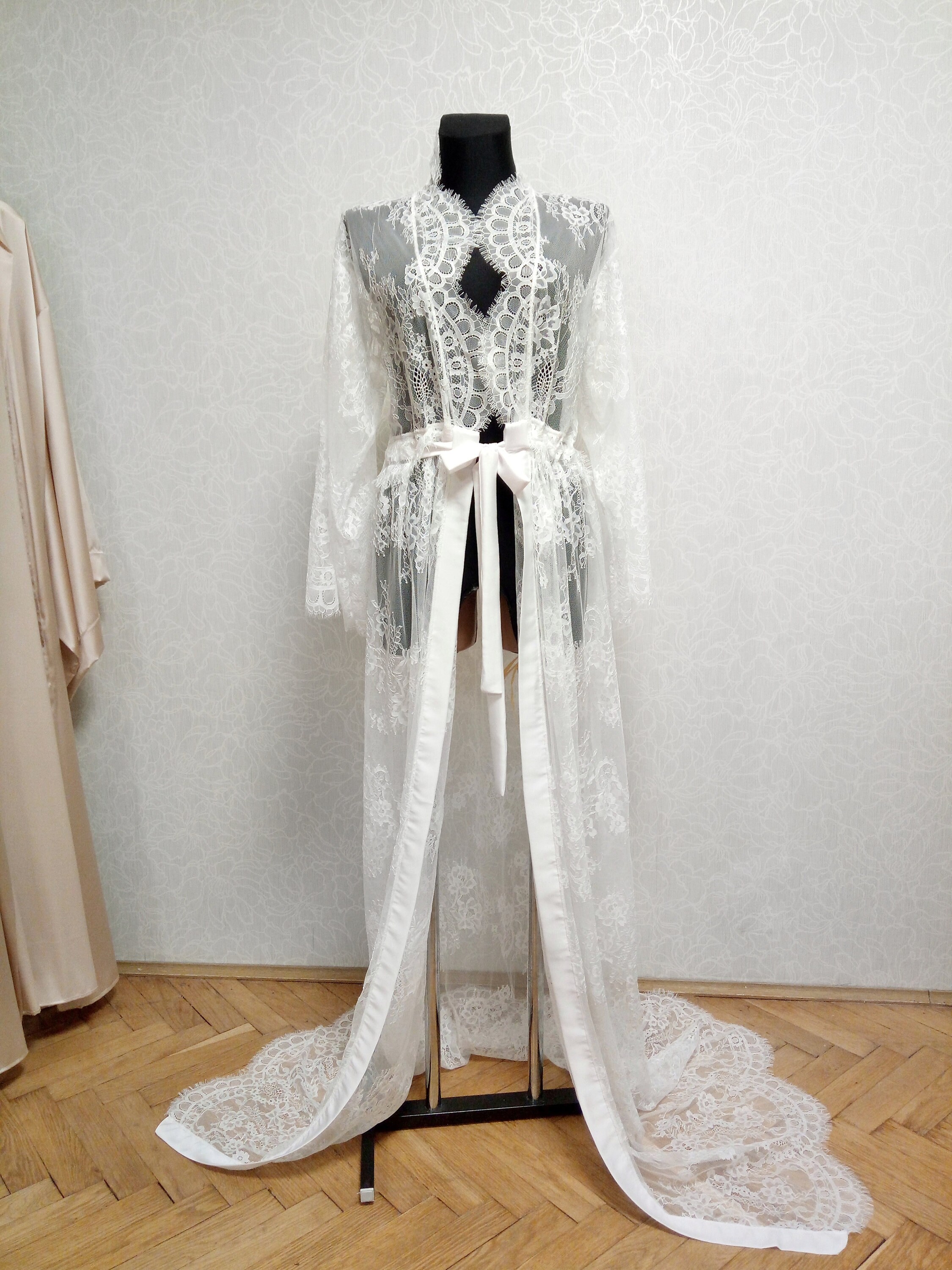 lace bridal robe with train