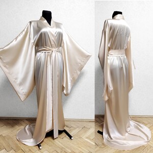 Bridal robe with train, Long Satin Robe, plus size robe, white bridal robe, floor length robe, 24 colors long silk robe silk kimono robe