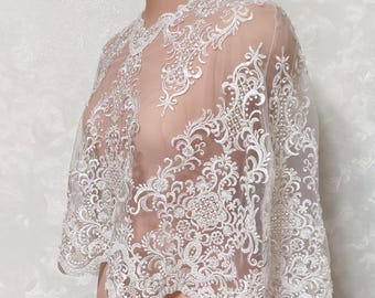 Ivory Wedding Cape: Pearl Beaded Embroidered Lace Bridal Bolero, floral lace shawl