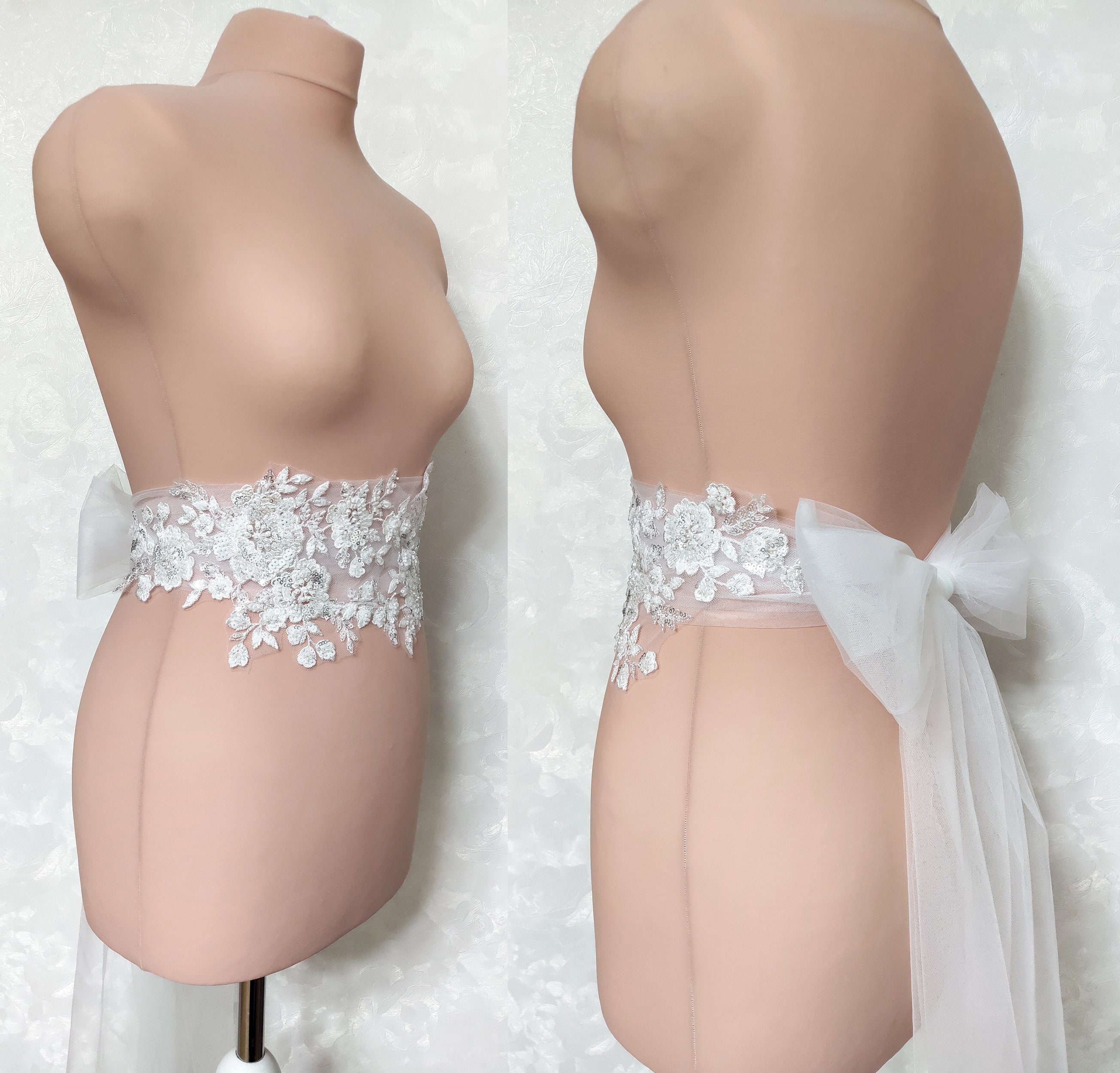 Ivory Lace Wedding Dress Belt: Beaded Flower Sash With Tulle 
