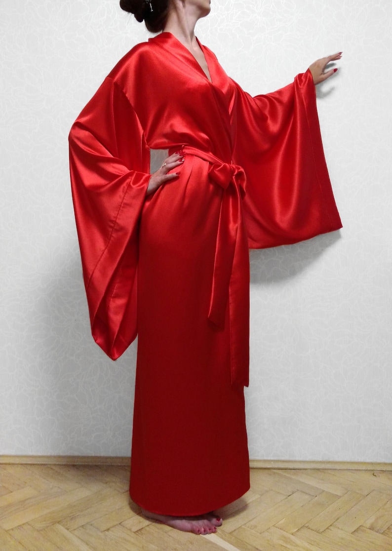 Red Kimono Dressing Gown Silk Kimono Robe Long Satin Robe Etsy