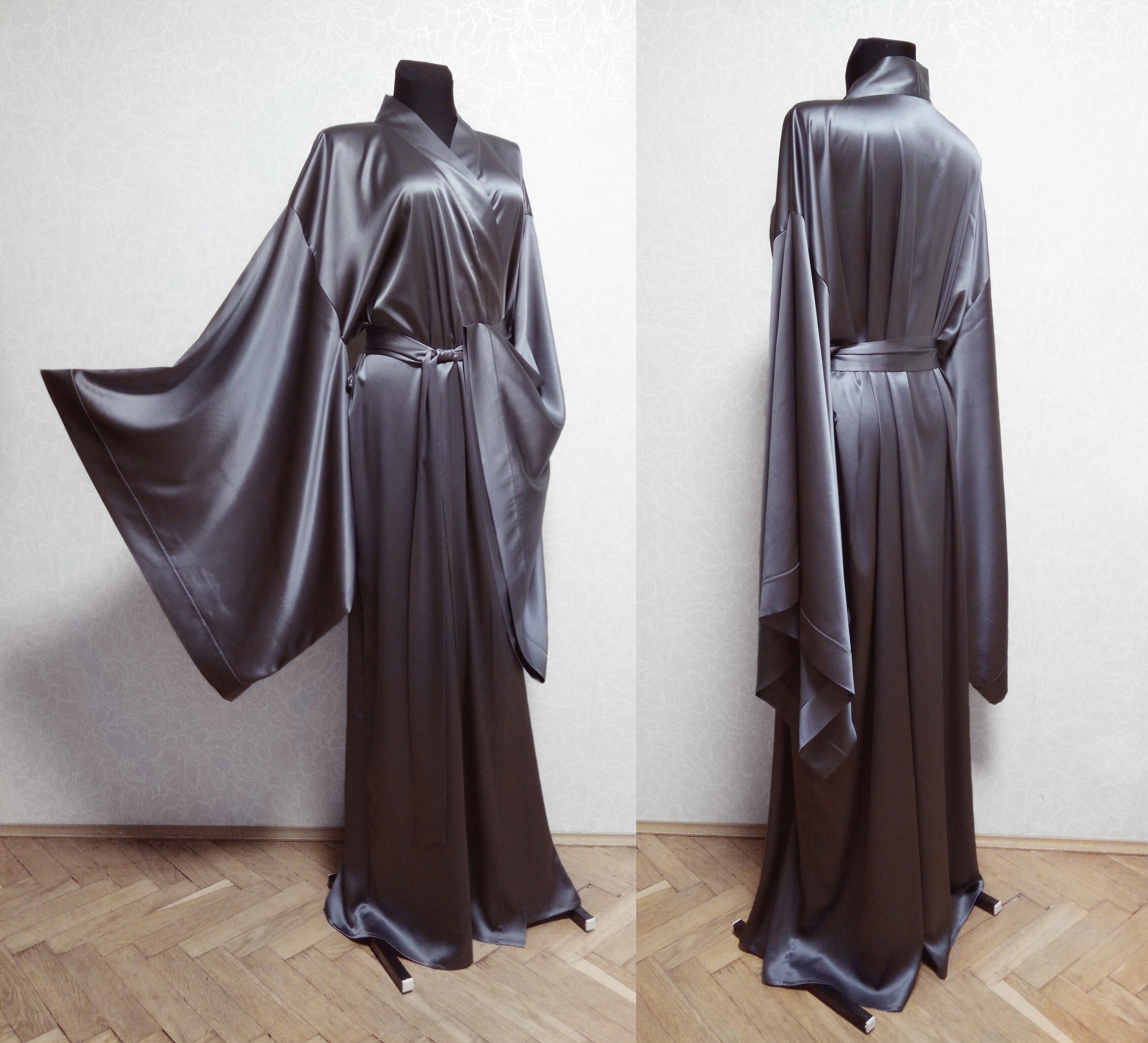 Long Satin Robe Mulberry Silk Kimono ...