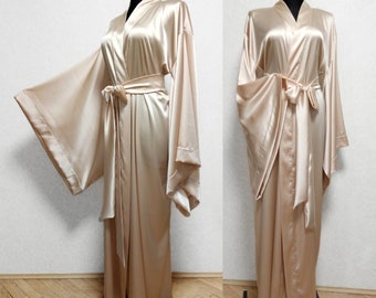 Long Satin Robe, Beige floor length robe, 24 colors Mulberry silk kimono robe, gold silk bridal robe, Kimono dressing gown