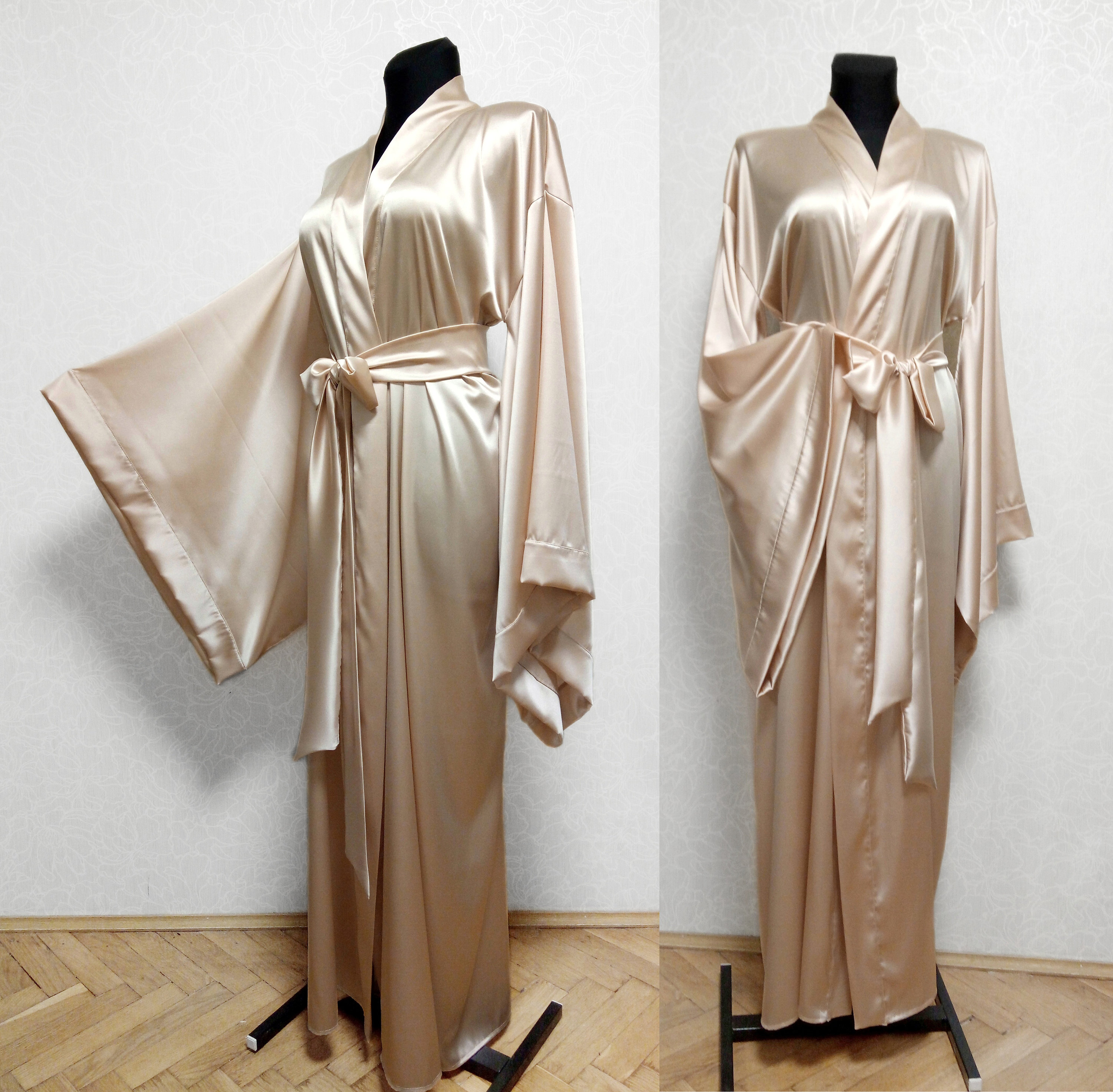 Long Satin Robe, Beige Floor Length Robe, 24 Colors Mulberry Silk Kimono  Robe, Gold Silk Bridal Robe, Blush Kimono Dressing Gown 