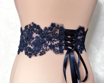 Navy Blue Floral Lace Bridal Corset Belt: Wedding Dress Tie 4 inch wide