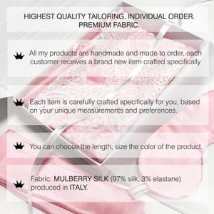 May include: A pink silk sleep mask with white lace trim. The text "HIGHEST QUALITY TAILORING. INDIVIDUAL ORDER. PREMIUM FABRIC." is at the top of the image. The text "Fabric: MULBERRY SILK (97% silk, 3% elastane) produced in ITALY." is at the bottom of the image.