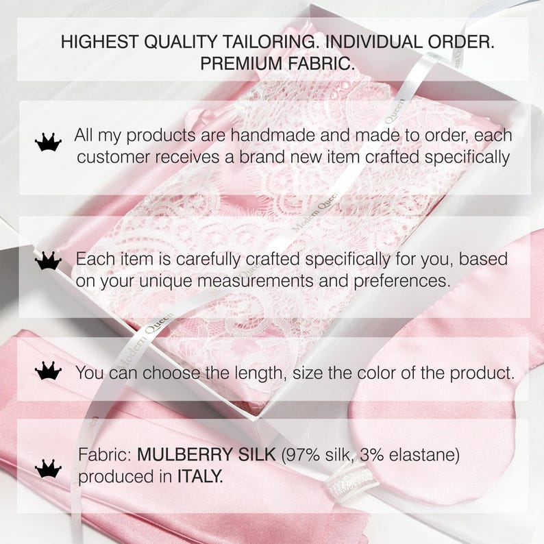 May include: A pink silk sleep mask with white lace trim. The text "HIGHEST QUALITY TAILORING. INDIVIDUAL ORDER. PREMIUM FABRIC." is at the top of the image. The text "Fabric: MULBERRY SILK (97% silk, 3% elastane) produced in ITALY." is at the bottom of the image.