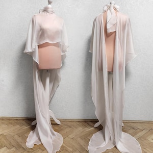 Bridal cape chiffon Pure silk, ivory bridal shrug, Cover Up, Sheer Wedding capelet, shoulder Wrap Scarf for neck, wedding shawl long