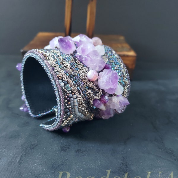 Amethyst bracelet Embroidered gemstones bracelet Handmade beadwork jewelry Stuff bracelet Purple beadwork jewelry for gift Made in Ukraine