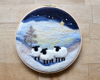 Sheep Felted Painting Kit - Landscape Picture - Needlepoint Needle Felting, Painting with Wool - Starry Silent Night Hoop, 2D Felt Art Craft