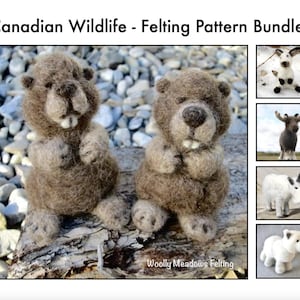 Pode incluir: Um conjunto de padrões de feltro com animais selvagens canadenses. O conjunto inclui padrões para um castor, um alce, uma cabra montês, uma raposa ártica e um urso polar. Os padrões são desenhados por Woolly Meadows Felting.