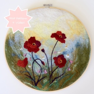 Poppy Art Instruction, PDF, Needle Felting Pattern, Wool Painting, Poppy, Felted Art, 2D Needle Felting, Wool Picture, Felting, Poppy Decor