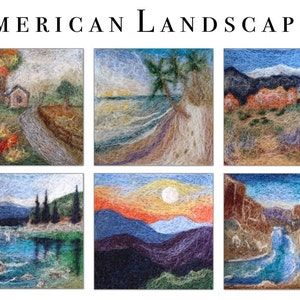 Op de afbeelding: Zes naaldgevoelde landschappen die verschillende Amerikaanse scènes uitbeelden, waaronder een huis in een bos, een strand met palmbomen, een bergketen, een meer met bomen, een zonsondergang boven bergen en een canyon met een waterval.
