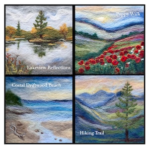 May include: Four framed felt art pieces depicting landscapes. One shows a lake scene with text "Lakeview Reflections". Another features red poppies with text "Poppy Walk". A third shows a beach with text "Costal Driftwood Beach". The last shows a mountain scene with text "Hiking Trail".