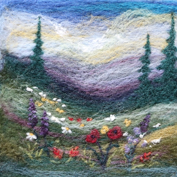 Nadel gefilzte Malerei Muster - Wildblumen Landschaft Nadel gefilzte 2D Bild - Malen mit Wolle - Anfänger - Video Muster und PDF