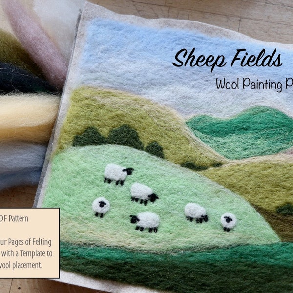 Sheep Wool Painting Pattern - Needle Felting Wool - Fiber Art Instruction - Digital Download - PDF - Wool Picture - Sheep Grazing Felt Art