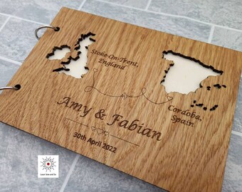 Wedding guest book or travel journal. Beautiful natural Oak or Cherry veneer with laser cut/engraved design.