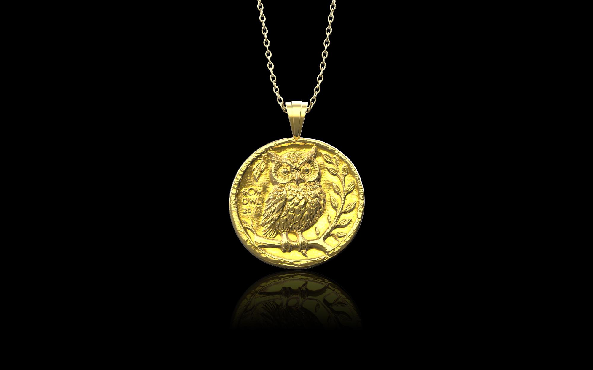 Yellow Gold Plated Ancient Greek Owl Coin Necklace, Mythology Jewelry, Historical Ancient Greek Coin