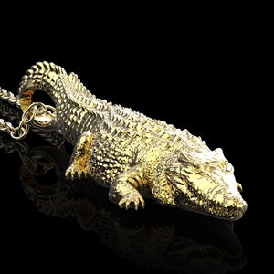 Yellow Gold Plated Alligator Pendant, Mans Large Alligator Necklace, Saltwater Crocodile Pendant, Symbol of Life, Gift For Him, Pendant Only