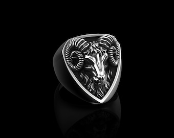 Sterling Silver Aries Ram Head Men Ring, Jewelry For Men, Animal Ring for Men, Goat Ring, Baphomet Animal Ring, Mens Jewelry, Horoscope Ring