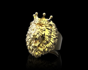 Yellow Gold Plated Crown Lion Roaring Ring, Angry Lion Ring, Lion King Ring, Men's Lion Ring, Zodiac Jewelry, Lion Lover Gift, Lion Jewelry
