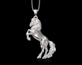 High Gloss Silver Friesian Horse Pendant, Equestrian Lifestyle Jewelry, Rearing Horse, Maned Horse Necklace, Animal Charm, Penant Only