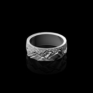 Sterling Silver Mountains Silver Men Band Ring, Nature Wedding Ring, Stacking Biker Ring, Dainty Ring, Nature Lover Gift, Anniversary Ring
