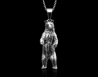 Sterling Silver Big Brown Standing Bear Pendant, Grizzly Bear Necklace Bear Charms, Silver Bear Jewellery, Biker Bear Necklace, Pendant Only