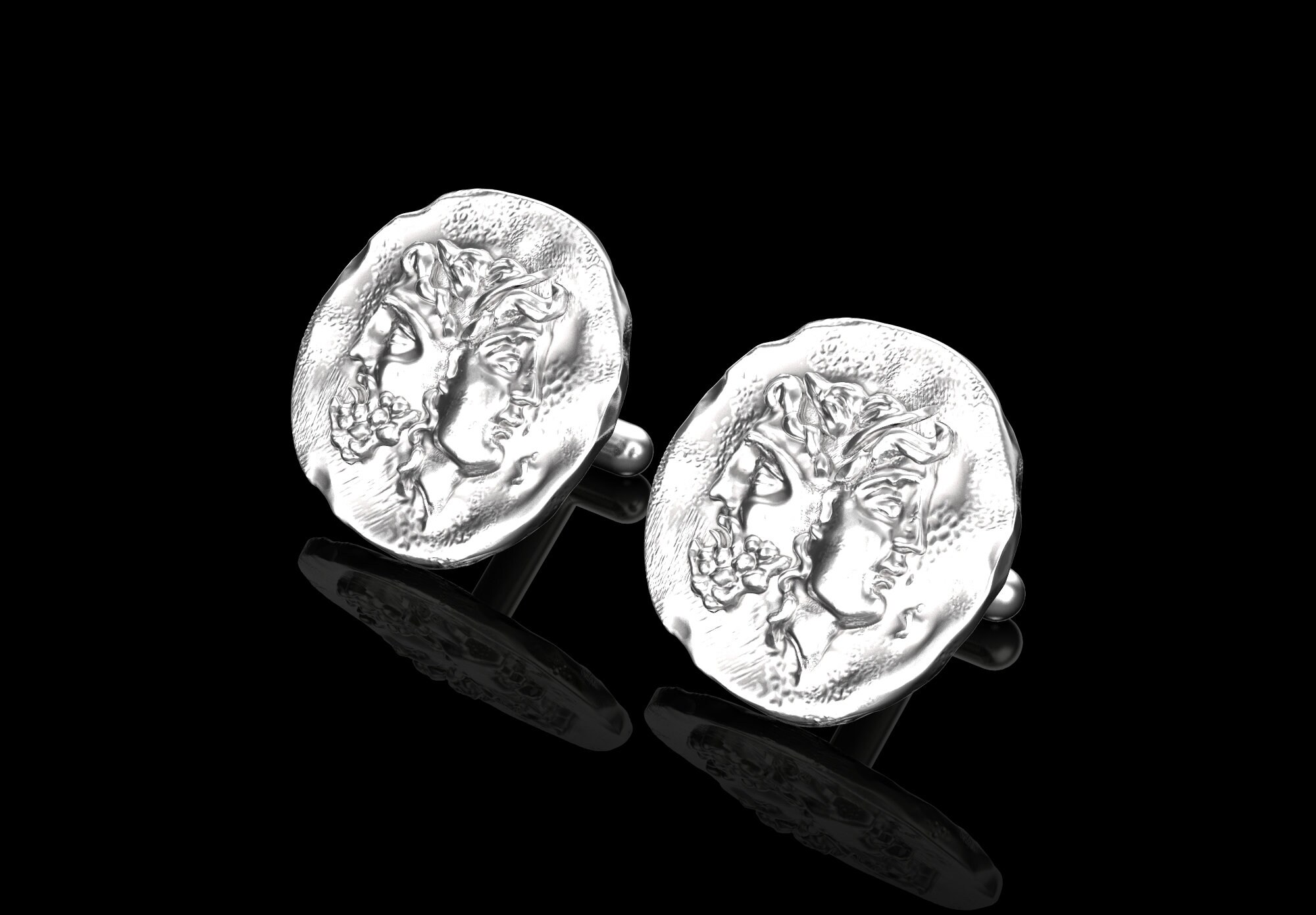 Boutons De Manchettes Anciens - Profil éphèbe Grec Style Monnaie - Bronze Patiné - Occasion Excellent état