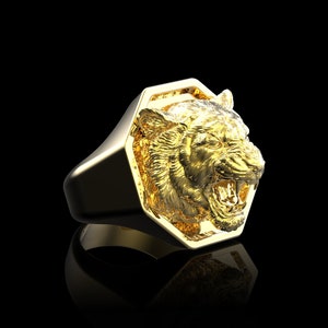 18K Gold Plated Angry Tiger Ring, Roaring Tiger King Ring, Tiger Jewelry, Tomem Jewelry, Men Tiger Ring, Men Animal Jewelry, Wild Cat Ring
