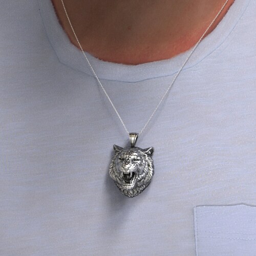 Sterling Silver Tiger Head Men Necklace, Angry Tiger shops Men Pendant, Wild Tiger Silver Men's Necklace, Angry Tiger Necklace, Pendant Only