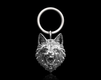 Sterling Silver Roaring Wolf Keychain, Wolf Keyring, Viking Nordic Wolf, Animal Key Ring For Men, Biker Gift, Gift For Him, Car Accessory