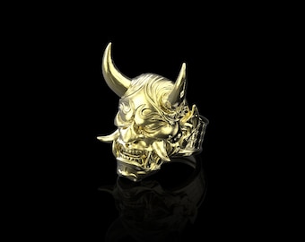 Messing Japanse Hannya Mask-mannenring, duivel Oni-ring, Japans symbool, samoerairing, kabuki-masker, Japanse stijl demonmaskerring, herensieraden