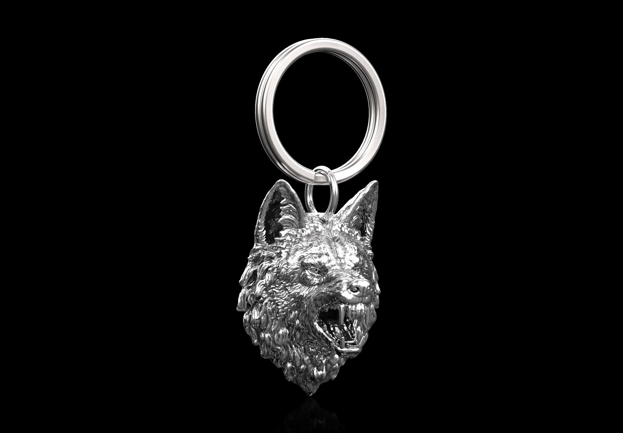 Sterling Silver Roaring Wolf Keychain, Wolf Keyring, Viking Nordic 