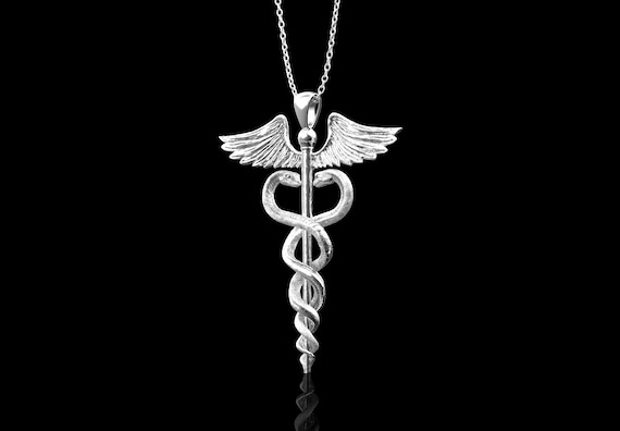 Collana con ciondolo a forma di caduceo in argento sterling