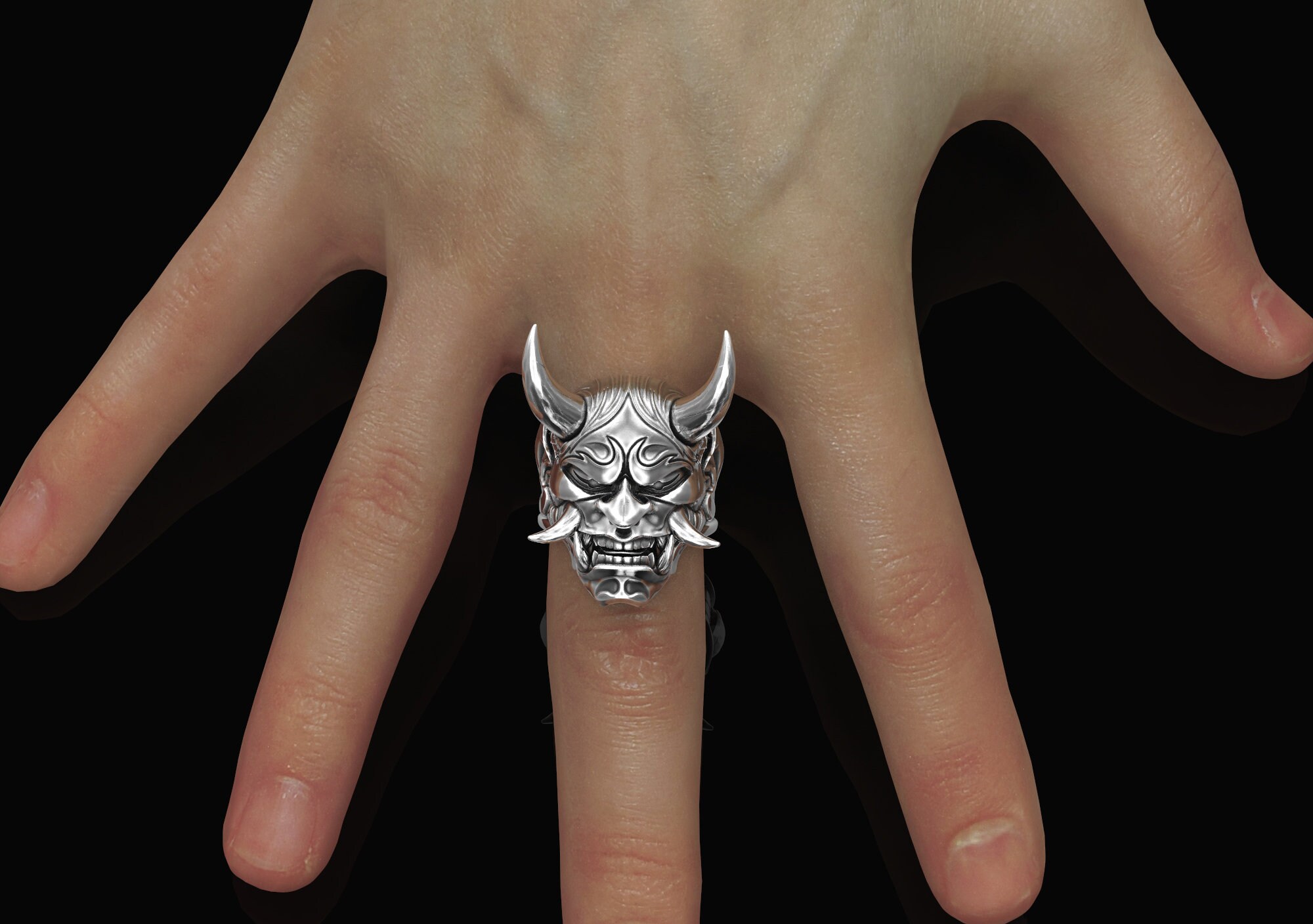 Sterling Silver Japanes Hannya Mask Men Ring, Devil Oni Ring