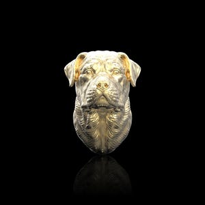 Puede incluir: Una escultura dorada y detallada de la cabeza de un perro Rottweiler. La escultura está mirando hacia adelante con la boca cerrada y los ojos abiertos.