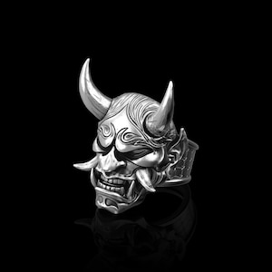 Sterling Silver Japanes Hannya Mask Men Ring, Devil Oni Ring, Japanese Symbol, Samurai Ring, Kabuki Mask, Japanese Style Demon Mask Ring