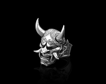 Sterlingzilveren Hannya Mask-ring, Japanse Oni Kabuki Samurai Duivel Ring