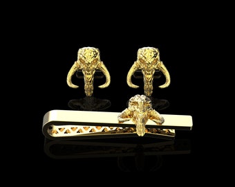 Yellow Gold Plated Star Wars Mandalorian Mythosaur Cufflinks & Tie Clip, Mens Suit Accessory Set of 3 Pieces, Father Gift, Husband Present