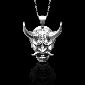 Sterling Silver Japanes Hannya Mask Pendant, Devil Oni Necklace, Japanese Samurai Symbol, Japanese Style Demon Mask Necklace, Pedant Only