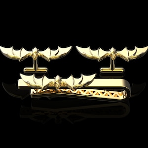 18K Yellow Gold Plated Flying Bat Cufflinks & Tie Bar Clip Set Of 3 Pieces, Groom Wedding Gifts, Suit Accessories, Anniversary Gifts