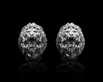 Gemelos de león enojado de plata de ley antigua, gemelos del rey león, gemelos de animales, joyas del zodíaco, accesorios de traje, regalo de amante del león