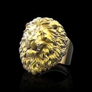 Anillo de león chapado en oro de 18 quilates, anillo del rey león, anillo de cabeza de león tranquilo, anillo de león para hombre, melena de león, regalo para amantes de los leones, joyas de león, regalo para él y para ella