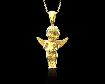 Collar con colgante de ángel chapado en oro amarillo, dije de querubín, colgante de ángel bebé, joyería de querubín, regalo para él o ella, joyería de ángel, solo colgante