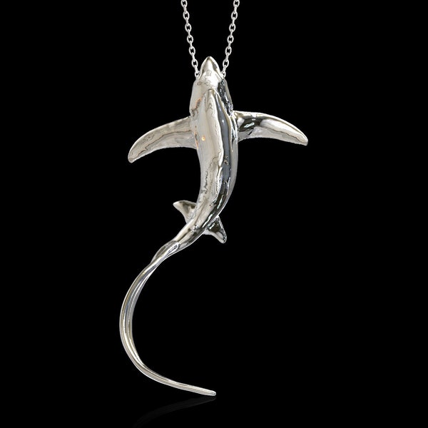 Sterling Silver Thresher Shark Pendant, Life Like Long Tail Shark Pendant, Sealife Sculpture Ocean Nautical Scuba Diver Jewelry,Pendant Only