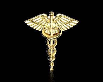 Yellow Gold Plated Caduceus Lapel Pin, Pharmacy Brooch, Gift For Doctor, Present For Nurses,Medicine Jewelry,Caduceus Bagde,Rod of asclepius